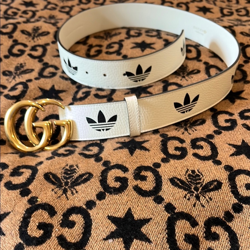 Gucci/Adidas collaboration White and Gold belt with Double G Buckle